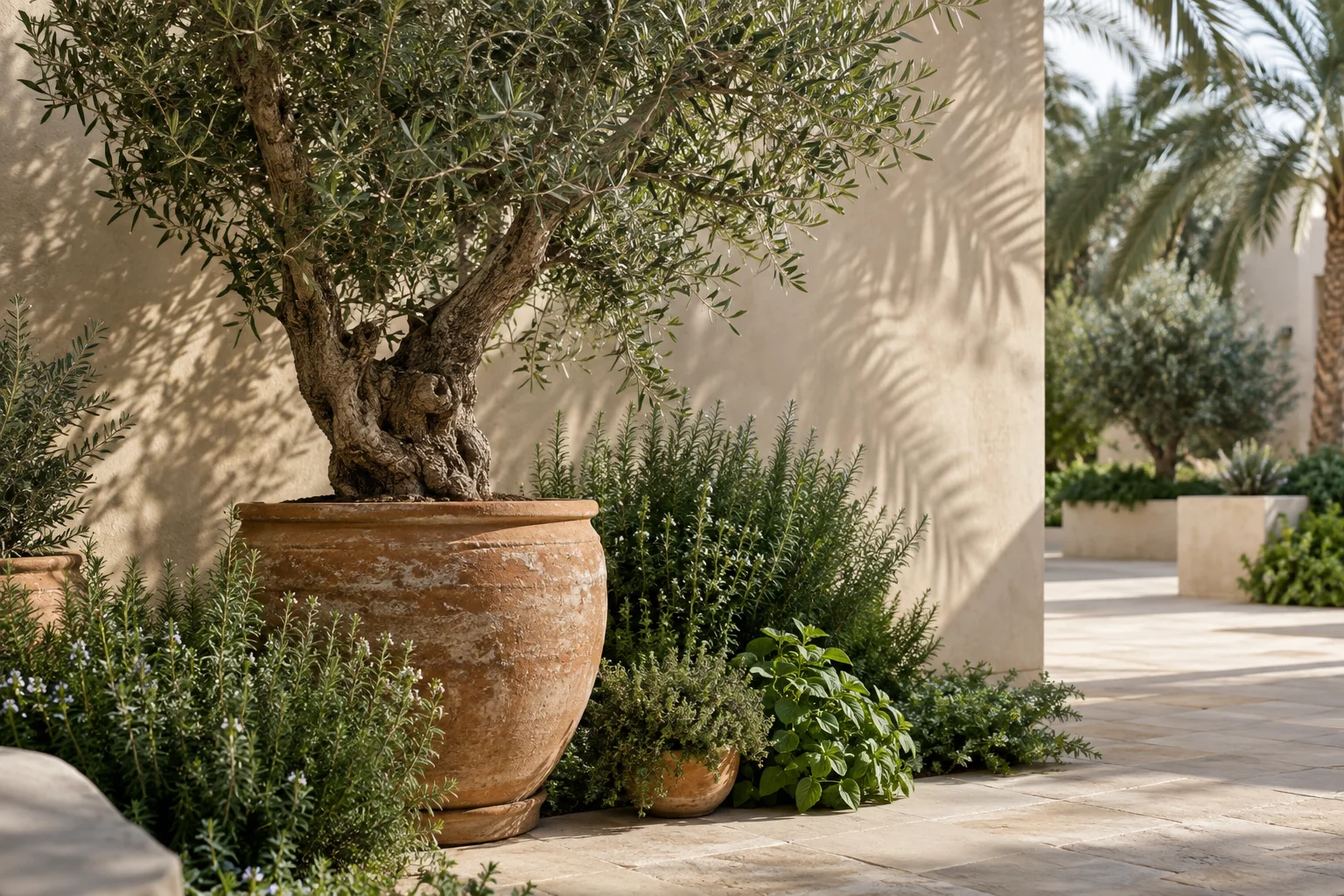 Olive tree and lush herbs in terracotta pots in a sunlit courtyard