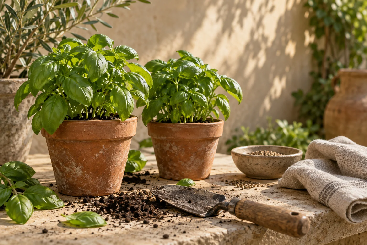 Basil seedlings, rich soil and gardening tools on a limestone potting bench