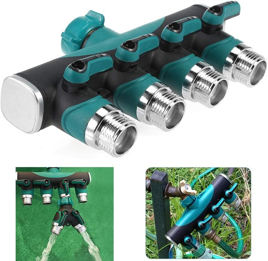 موزع خراطيم مياه 4 مخارج بجسم معدني – 4Way Hose Splitter مع صمامات تحكم مستقلة | موصل متعدد الاستخدامات للحديقة والصنبور